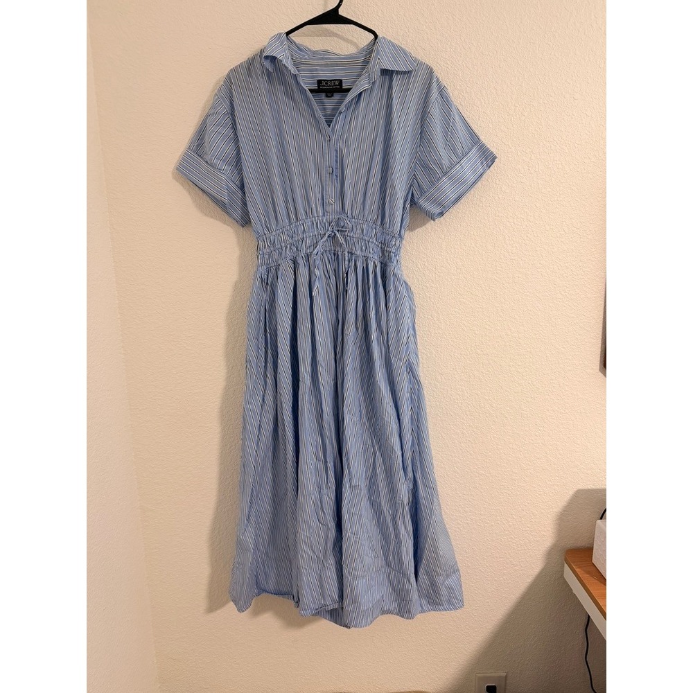 J.Crew Blue White Striped Regenerative Cotton Smocked Waist Collared Dress 4